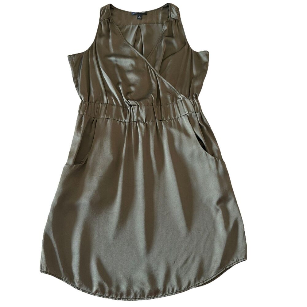 Banana Republic 10 Silk Dress Olive Green Elastic Waist Pockets Wrap Sleeveless